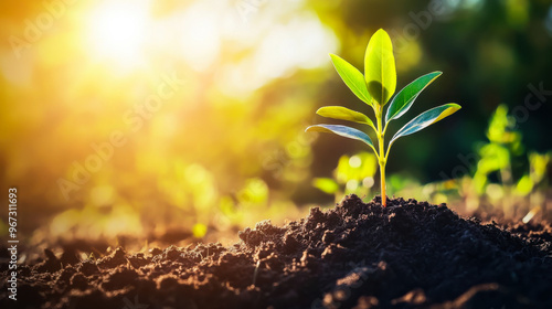 Young green plant emerging from rich soil under warm sunlight in a vibrant garden setting during the early morning hours