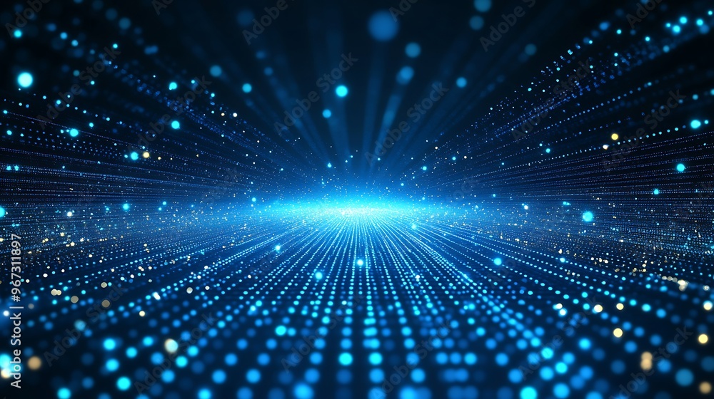 Fototapeta premium Captivating abstract background featuring luminous blue particles radiating outward, creating a depth effect and dynamic visual flow.