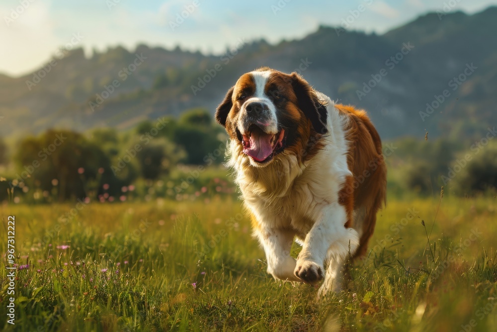 Energetic depiction of a happy St. Bernard dog running through a sunlit meadow, exuberating joy and freedom. Energetic depiction of a happy St. Bernard dog running through a sunlit meadow, exuberating joy and freedom.
