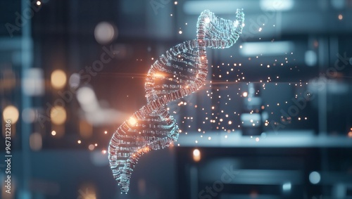 A mesmerizing visual of a digital DNA helix, shimmering with lights that signify innovation in genetics and biotechnology, capturing the essence of life's fundamental blueprint. photo