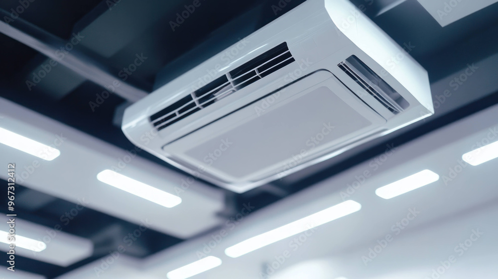 Modern air conditioning unit, ceiling mounted, providing cool air in contemporary space. sleek design complements minimalist interior, enhancing comfort and style Modern air conditioning unit, ceiling mounted, providing cool air in contemporary space. sleek design complements minimalist interior, enhancing comfort and style