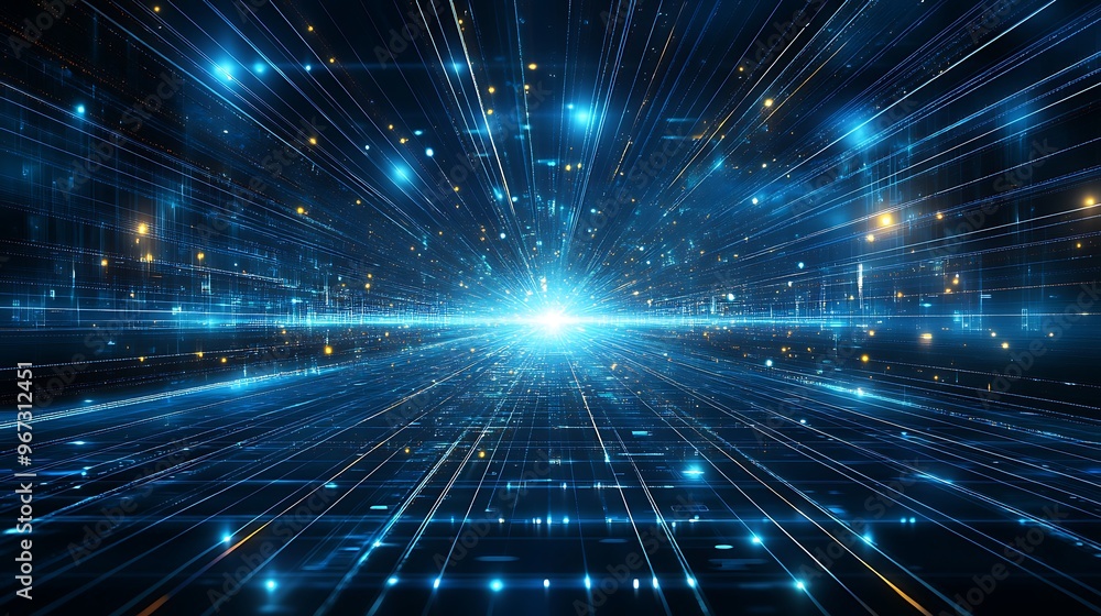 Dynamic blue light beams radiate outward, creating an immersive feeling of motion and depth in a futuristic digital landscape. Dynamic blue light beams radiate outward, creating an immersive feeling of motion and depth in a futuristic digital landscape.