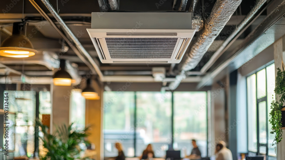 Modern air conditioning unit in stylish office space with exposed pipes and warm lighting. atmosphere is inviting and conducive to productivity Modern air conditioning unit in stylish office space with exposed pipes and warm lighting. atmosphere is inviting and conducive to productivity