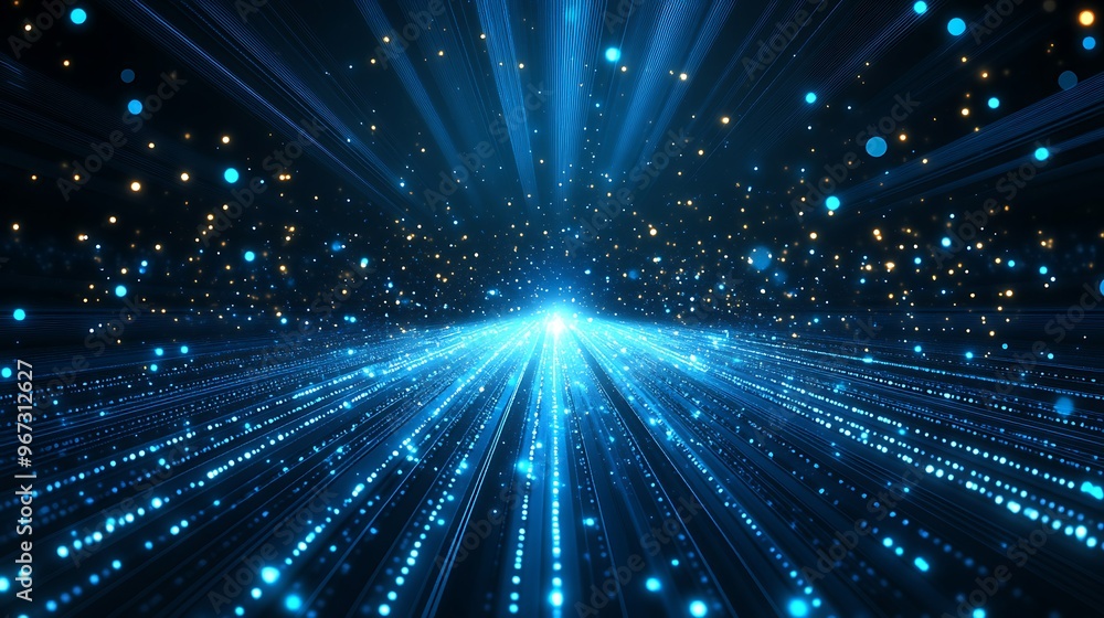 Dynamic blue light rays radiate in a starburst effect, creating a vibrant, futuristic atmosphere filled with sparkling particles. Dynamic blue light rays radiate in a starburst effect, creating a vibrant, futuristic atmosphere filled with sparkling particles.