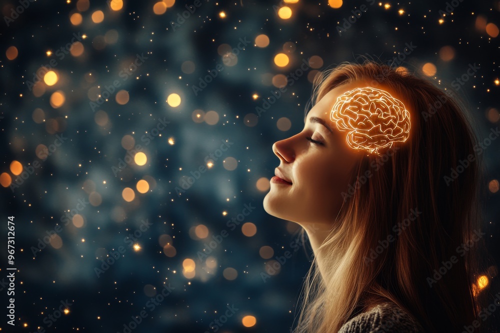 Digital interface synaptic plasticity brainwave stimulation and neurofeedback woman with glowing neural brain visualizing cognitive activity and advanced neural data communication Digital interface synaptic plasticity brainwave stimulation and neurofeedback woman with glowing neural brain visualizing cognitive activity and advanced neural data communication