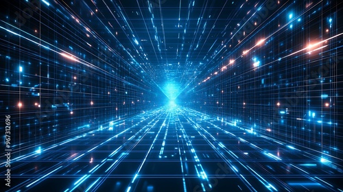 Dynamic blue light streaks create a futuristic visual effect, resembling a technological pathway into a digital universe.