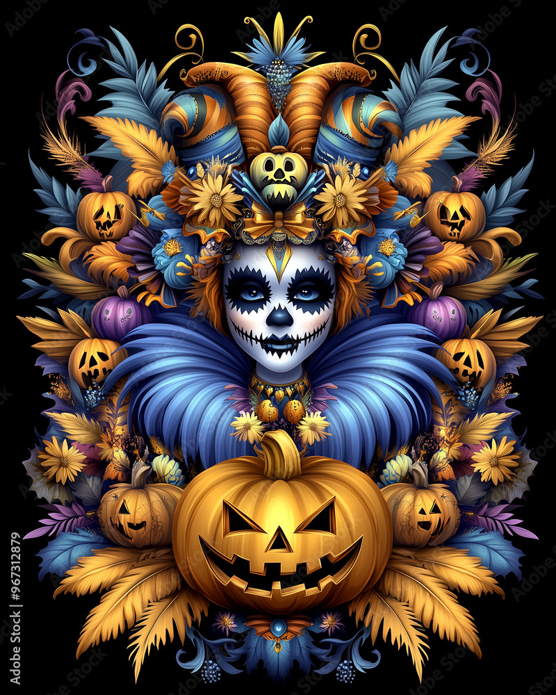 A woman with a skeleton on her head and a pumpkin in her hand. The pumpkin is surrounded by other pumpkins and flowers A woman with a skeleton on her head and a pumpkin in her hand. The pumpkin is surrounded by other pumpkins and flowers