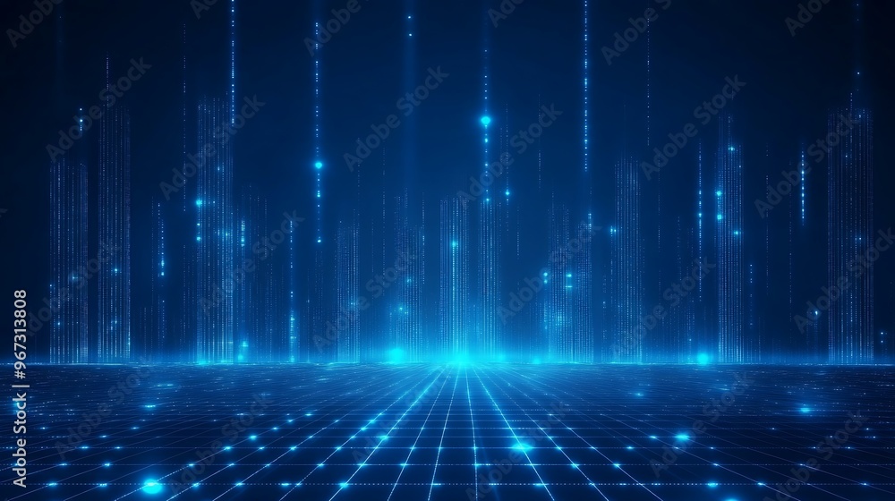 Futuristic blue digital background with glowing lines and grid, ideal for technology, sci-fi, and virtual themes. Futuristic blue digital background with glowing lines and grid, ideal for technology, sci-fi, and virtual themes.