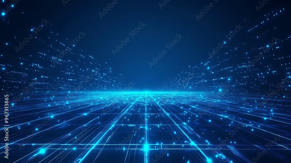 Fototapeta premium Futuristic blue digital landscape with glowing lines and particles, perfect for technology, data visualization, and abstract backgrounds.