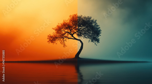 Single tree on an island with dual tone orange and blue dramatic lighting and copy space photo