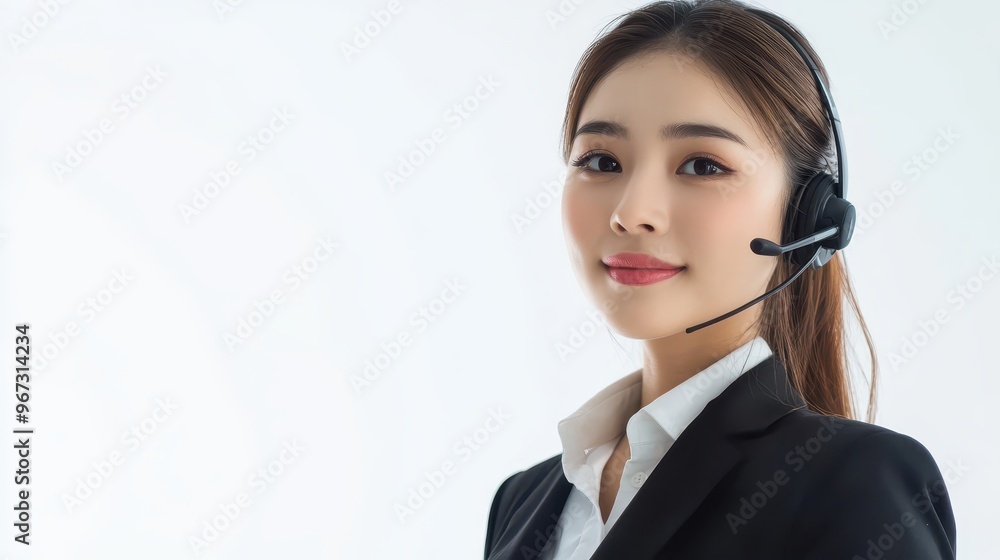 Asian girl in formal office attire, talking on a headset, pure white background, professional customer service or call center concept Asian girl in formal office attire, talking on a headset, pure white background, professional customer service or call center concept