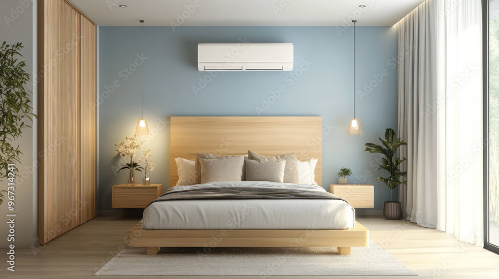 A modern bedroom featuring wooden bed frame, soft bedding, and stylish decor. serene blue wall complements natural elements, creating calming atmosphere A modern bedroom featuring wooden bed frame, soft bedding, and stylish decor. serene blue wall complements natural elements, creating calming atmosphere