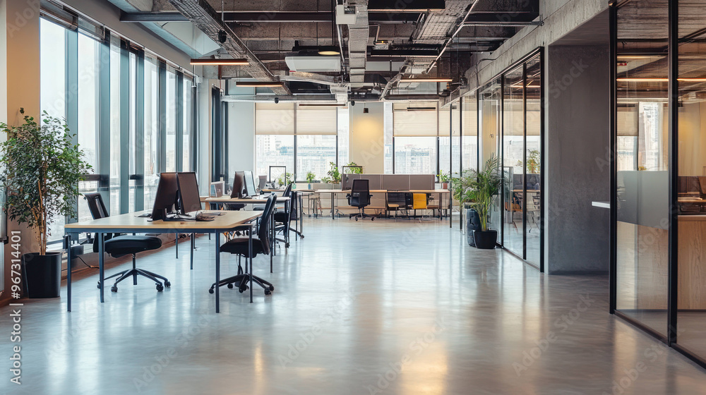Modern office interior with large windows, plants, and workstations. spacious layout promotes productive atmosphere, blending natural light with contemporary design Modern office interior with large windows, plants, and workstations. spacious layout promotes productive atmosphere, blending natural light with contemporary design