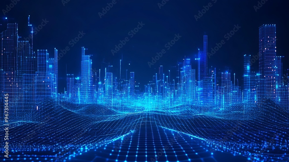Fototapeta premium Futuristic cityscape with glowing blue lines and grids, representing a digital universe and advanced technology concept.