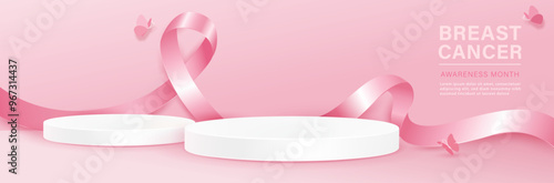 Breast cancer awareness month background decoration with pink ribbon and podiums for products display, vector design