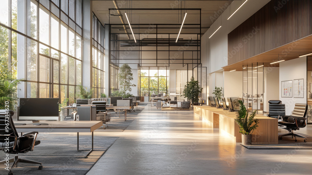 A modern office interior featuring large windows, natural light, and greenery. spacious layout includes desks, chairs, and plants, creating vibrant and productive atmosphere A modern office interior featuring large windows, natural light, and greenery. spacious layout includes desks, chairs, and plants, creating vibrant and productive atmosphere