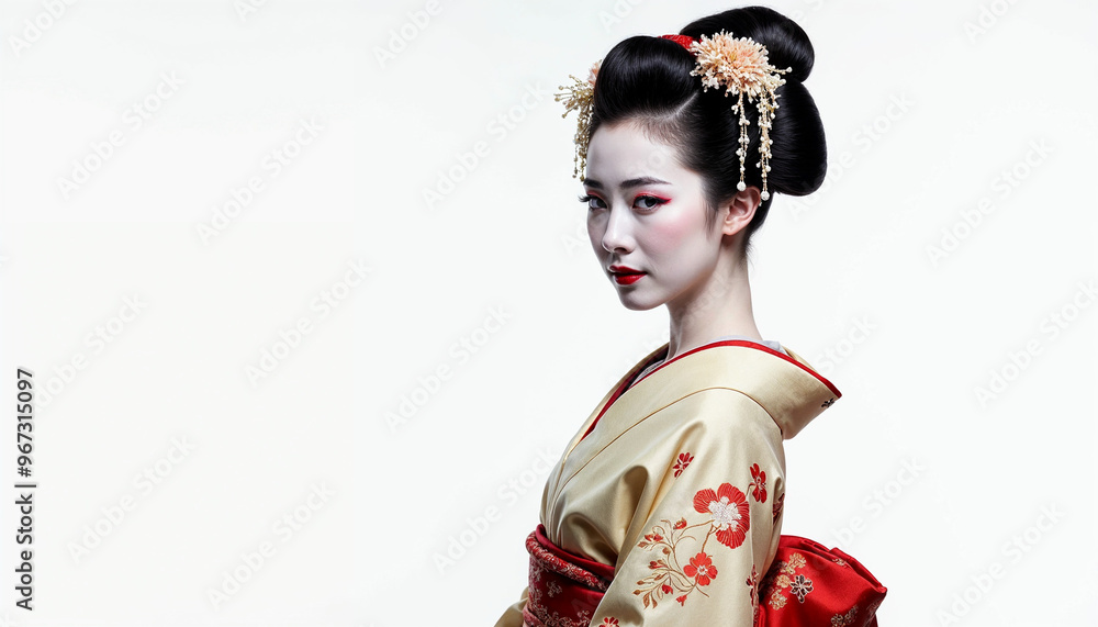 A striking portrait of a beautiful geisha in a traditional kimono, against a clean white background.
A striking portrait of a beautiful geisha in a traditional kimono, against a clean white background.