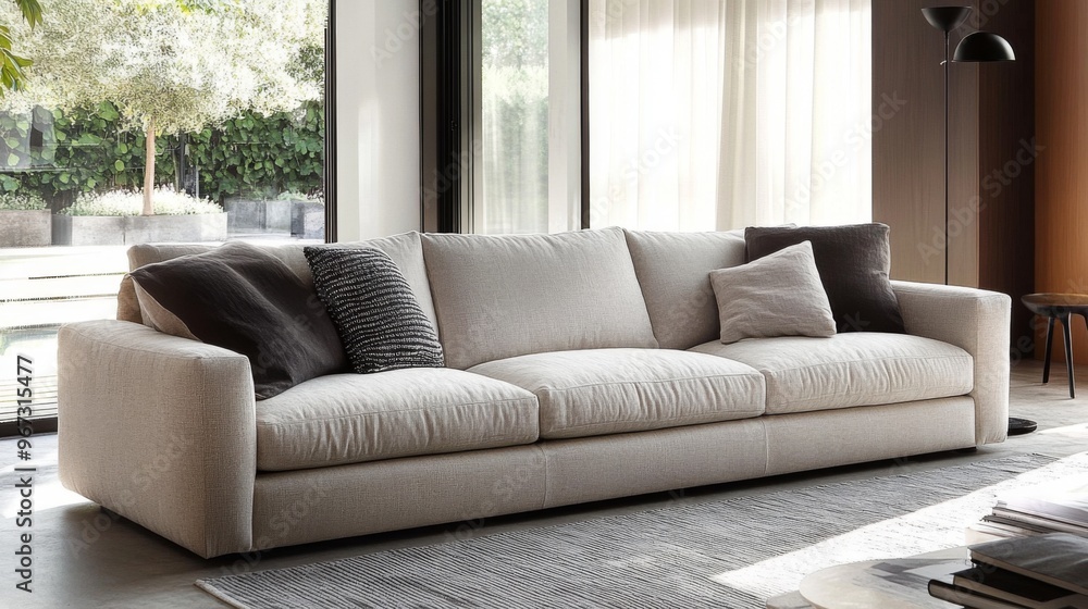 A contemporary sofa with clean lines and neutral upholstery, set in a minimalist living room with modern decor. A contemporary sofa with clean lines and neutral upholstery, set in a minimalist living room with modern decor.
