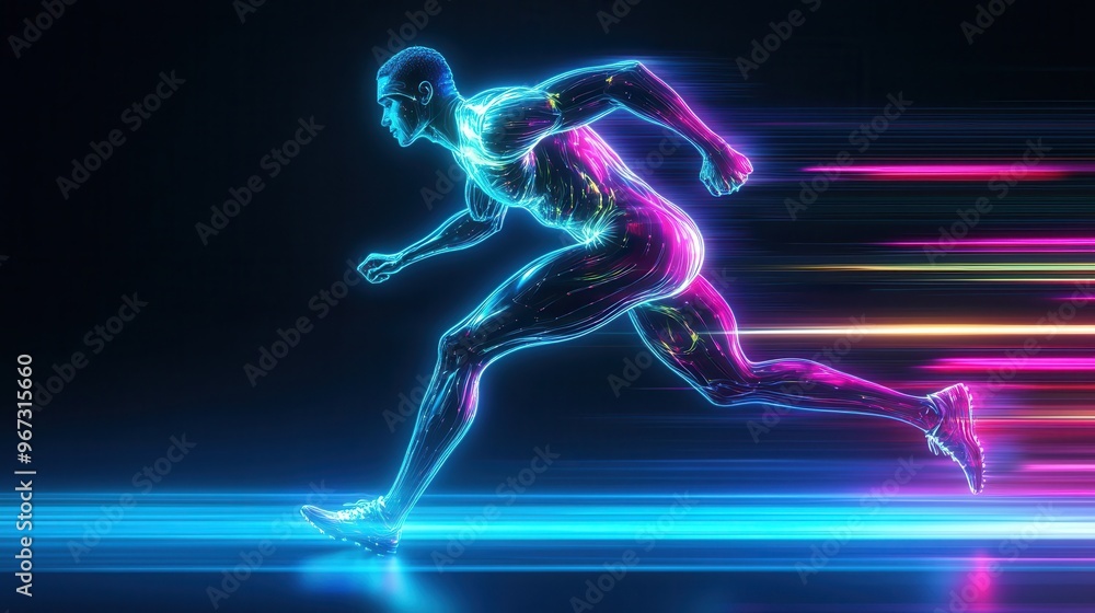 Fototapeta premium Futuristic Athlete Sprinting in Slow Motion with Neon Light Trails and Holographic Effect