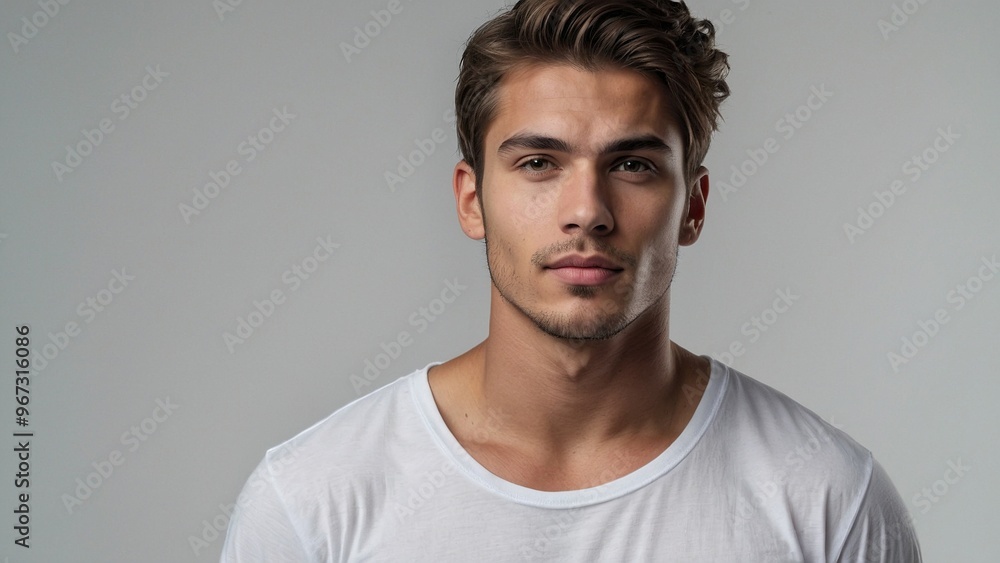 Portrait of a handsome young man in studio on white background. Handsome guy in a white t-shirt. Portrait of a handsome young man in studio on white background. Handsome guy in a white t-shirt.