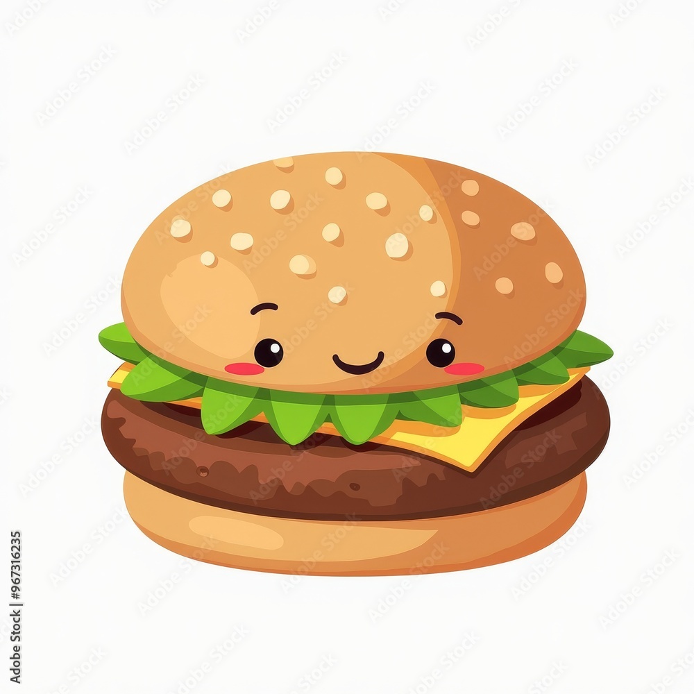 Cute Kawaii Cheeseburger Illustration with Smiling Face and Lettuce for Food and Kids Graphics Cute Kawaii Cheeseburger Illustration with Smiling Face and Lettuce for Food and Kids Graphics