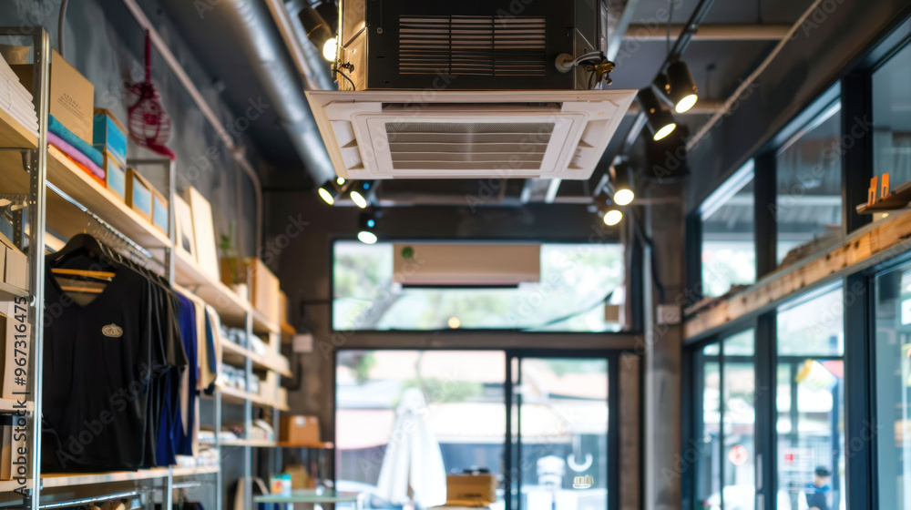 A modern retail space featuring an air conditioning unit, stylish shelving, and bright atmosphere. interior design combines functionality with welcoming vibe, perfect for shopping A modern retail space featuring an air conditioning unit, stylish shelving, and bright atmosphere. interior design combines functionality with welcoming vibe, perfect for shopping