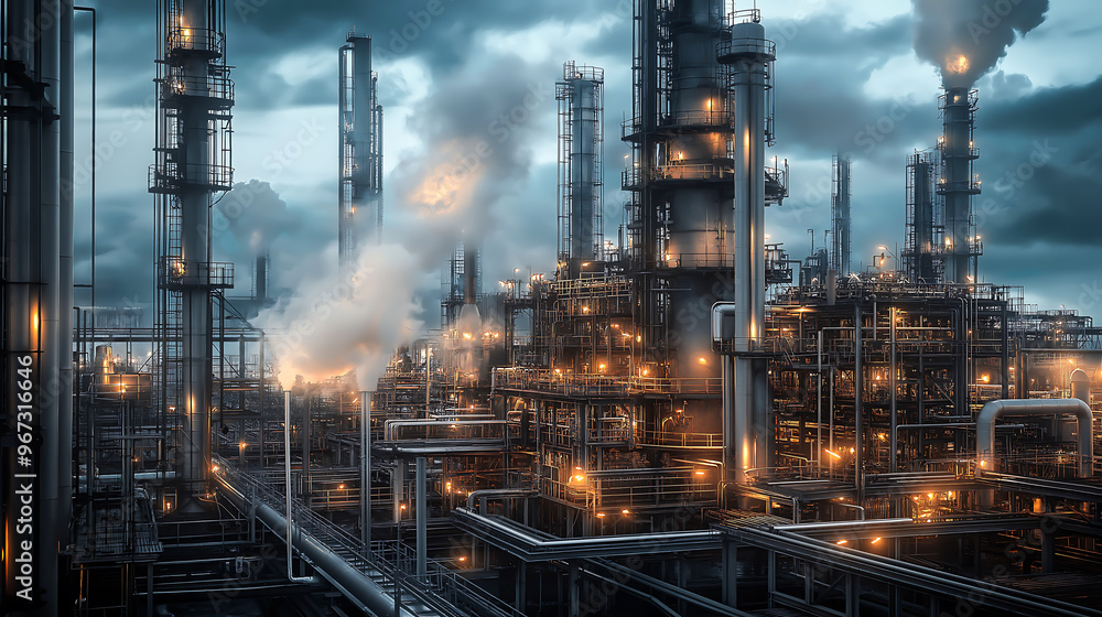 Futuristic power plant station, oil and gas refinery, Hydrogen power plant, large steel tanks and pipes Futuristic power plant station, oil and gas refinery, Hydrogen power plant, large steel tanks and pipes