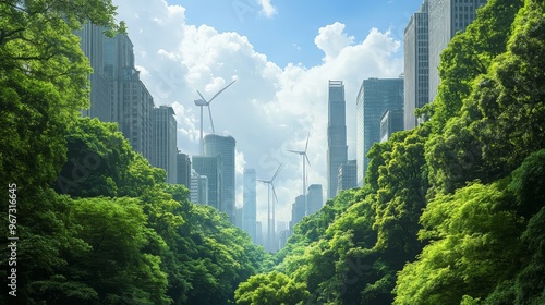 A harmonious city where towering wind turbines rise beside high-rise buildings, reflecting sunlight over the vibrant streets below, merging technology with nature