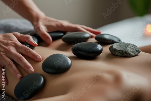 Relaxing hot stone massage scene with dark, smooth stones placed along the length of a person's back, providing a calming spa experience.