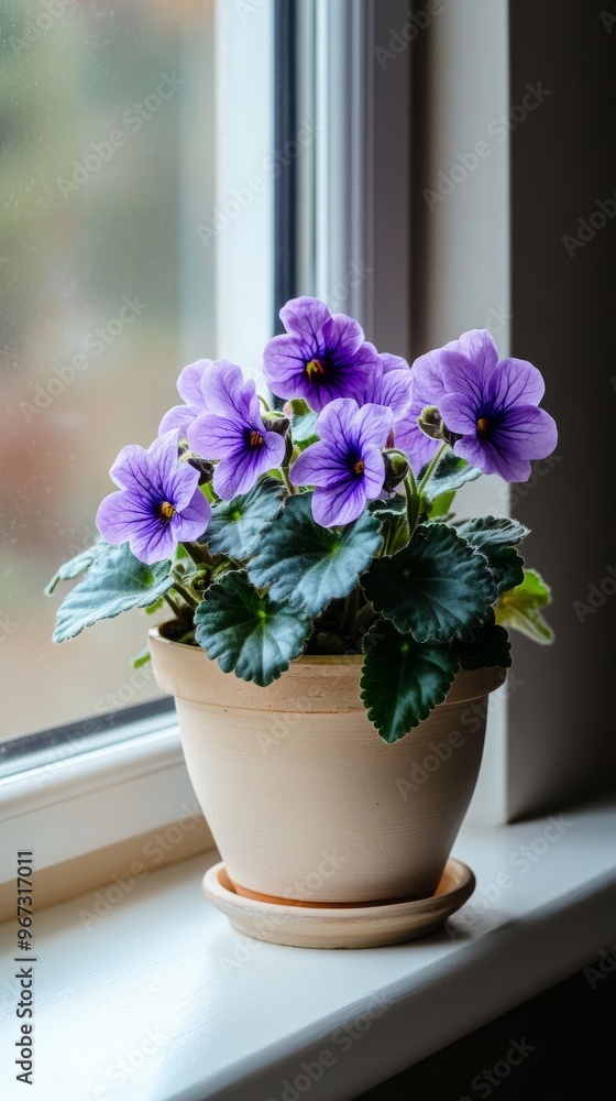 Fototapeta premium a potted African violets plant by the window
