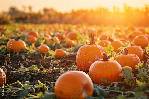 A vibrant field of pumpkins basking in the golden sunset, surrounded by green leaves and brown earth.