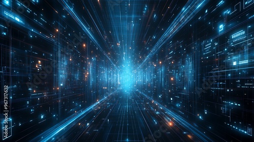 Wallpaper Mural Futuristic digital tunnel with glowing blue lines and data streams, creating a sense of motion and technology. Torontodigital.ca