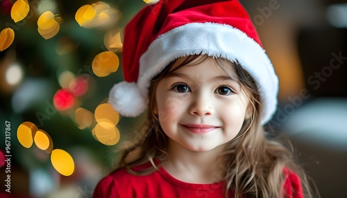 Joyful little girl wearing a festive Christmas hat, radiating happiness and holiday spirit.