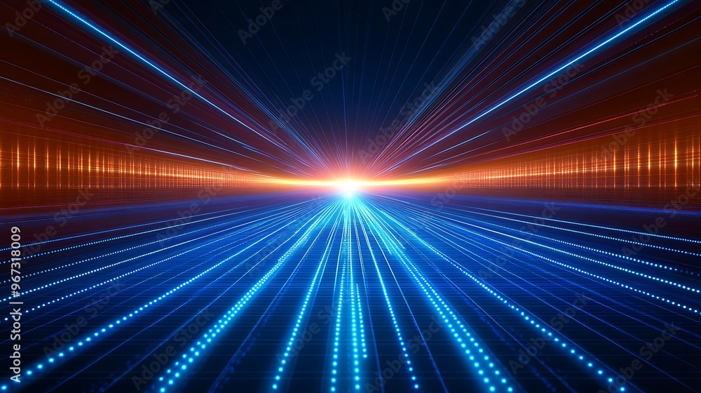 Futuristic light rays radiate from a central point, creating an abstract digital background with vibrant blue and orange colors. Futuristic light rays radiate from a central point, creating an abstract digital background with vibrant blue and orange colors.