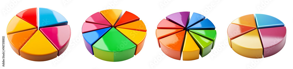 Obraz premium Colorful pie charts in glossy 3D segments for data visualization transparent background