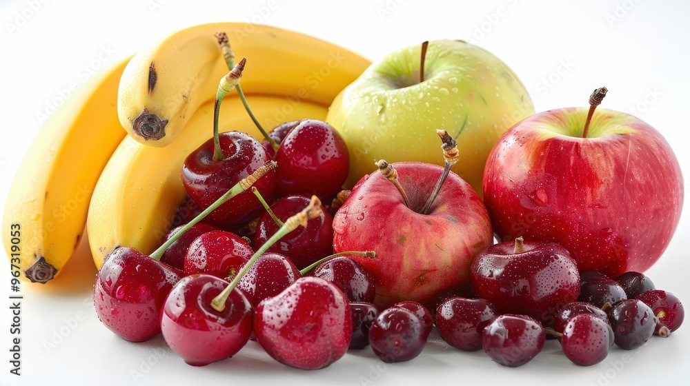 A Vibrant Medley of Apples, Bananas, and Cherries Showcasing Nature's Sweetness and Colors in a Mouthwatering Display A Vibrant Medley of Apples, Bananas, and Cherries Showcasing Nature's Sweetness and Colors in a Mouthwatering Display