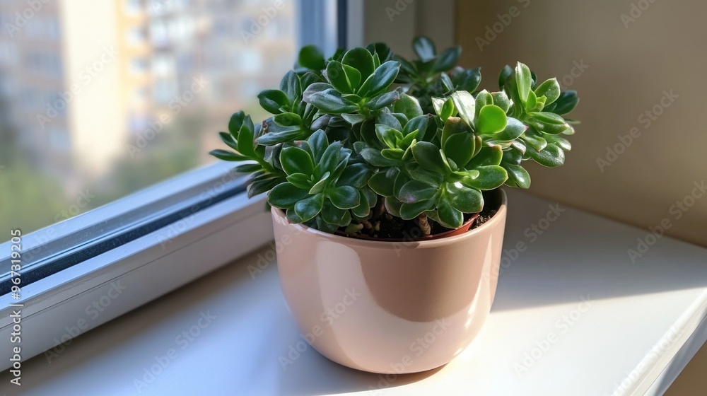 Succulent Plant in Pot on Window Sill Succulent Plant in Pot on Window Sill