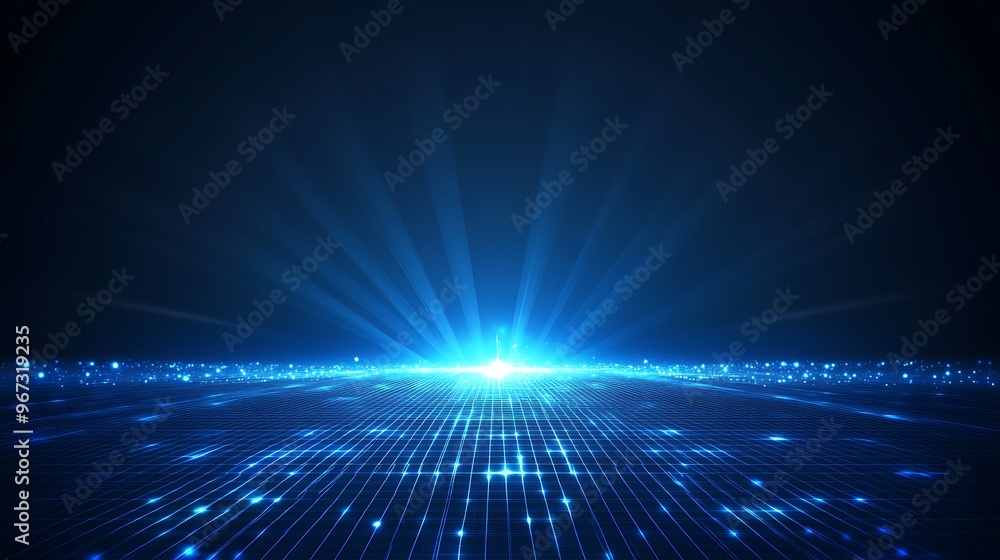 Stunning blue light rays emanate from a central point over a grid, creating a mesmerizing digital landscape in a dark setting. Stunning blue light rays emanate from a central point over a grid, creating a mesmerizing digital landscape in a dark setting.