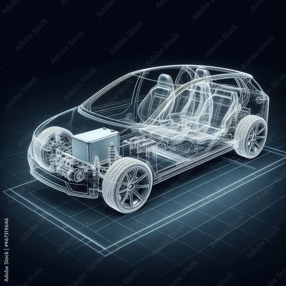 Naklejka premium A line art 3D illustration displays a modern electric car chassis x-ray, revealing the vehicle battery in a studio environment. 