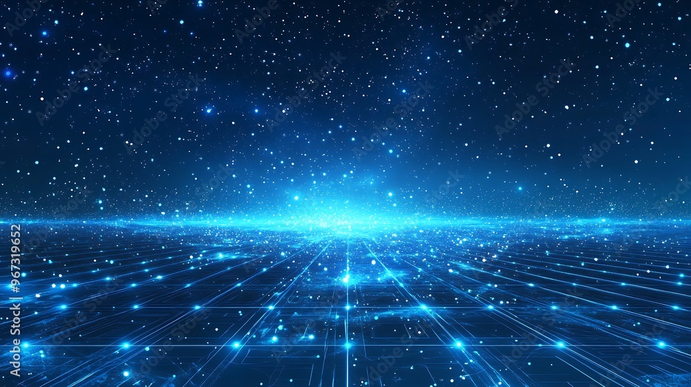 Stunning digital landscape depicting a starry night with glowing blue lights and a futuristic grid, perfect for sci-fi themes. Stunning digital landscape depicting a starry night with glowing blue lights and a futuristic grid, perfect for sci-fi themes.