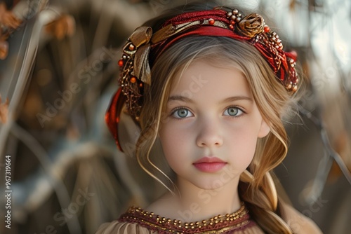  A young girl with blue eyes smiles while wearing a colorful headband.