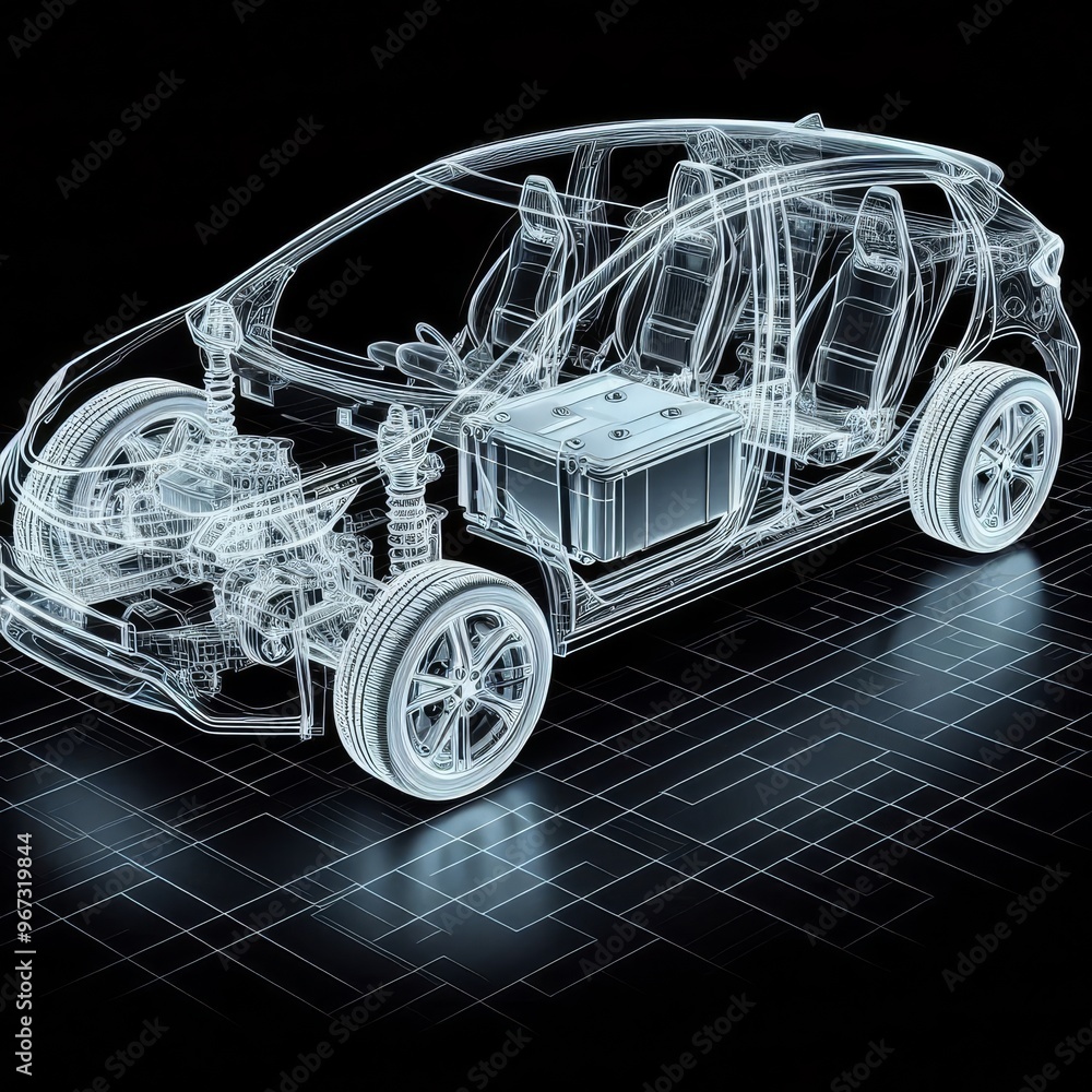 Naklejka premium A line art 3D illustration displays a modern electric car chassis x-ray, revealing the vehicle battery in a studio environment. 