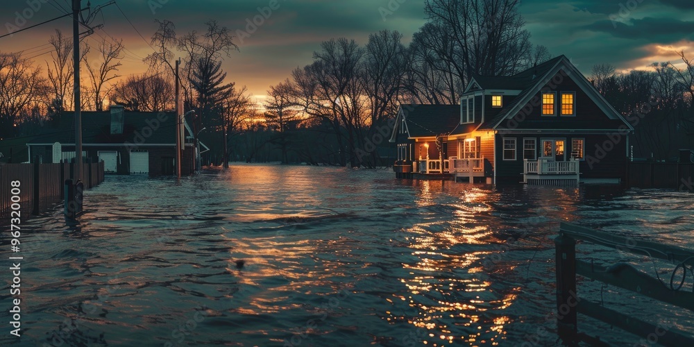 Fototapeta premium Severe Flooding in the Severn River Caused by Overflowing Riverbanks After Prolonged Winter Storms