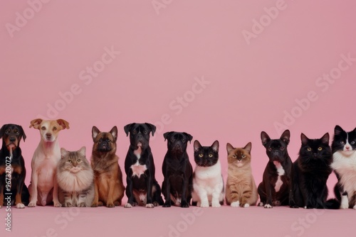 A line-up of various cats and dogs sits calmly against a soft pink backdrop, showcasing a harmonious array of pet diversity.