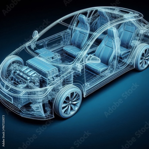 A line art 3D illustration displays a modern electric car chassis x-ray, revealing the vehicle battery in a studio environment.
