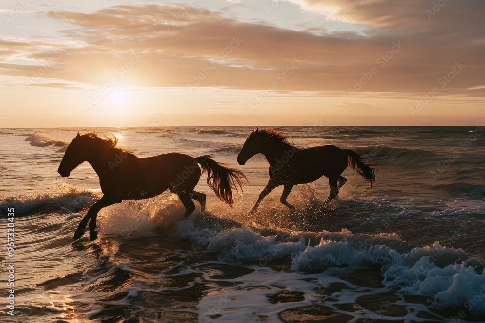 Two horses trot gracefully through the shallow ocean waves as the sun sets, casting a beautiful glow over the scene. Two horses trot gracefully through the shallow ocean waves as the sun sets, casting a beautiful glow over the scene.
