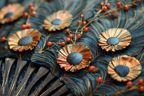 A decorative fan adorned with vibrant flowers and lush green leaves.