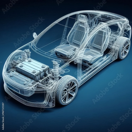 A line art 3D illustration displays a modern electric car chassis x-ray, revealing the vehicle battery in a studio environment.
