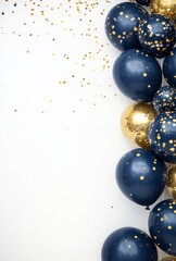 Elegant navy blue and gold balloons on the right side, with matching confetti, leaving a clean area on the left for customization