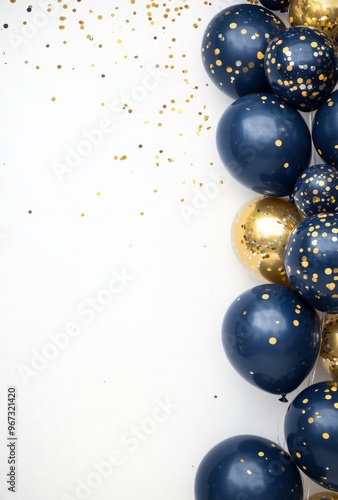 Elegant navy blue and gold balloons on the right side, with matching confetti, leaving a clean area on the left for customization